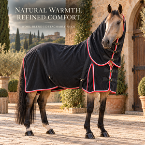 Manta para Caballo Negra con Cuello Desmontable, Mezcla de Lana al 70% y Pecho Suave |   Manta Transpirable y Estable con Doble Hebilla en el Pecho y Correas para las Piernas - Product Image 2