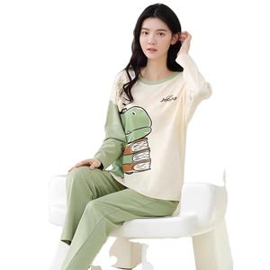 High Quality Indian Cotton Pajamas Set Custom Pattern Letter Printed Knitted Jersey Biowashed Summer Autumn Spring <b>Women's</b> - Product Image 4