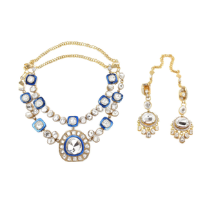 Taari Moissanite Layered Necklace and Earring Set-Gold Plated Vintage Bridal Jewelry - Product Image 2