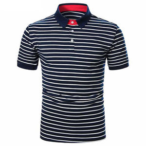 Men's Striped Short Sleeve Polo Shirt Cotton Knitted Breathable Casual Regular Fit Navy White Pattern - Product Image 3