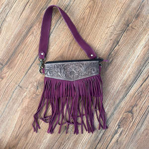 New Hand Tooled & <b>Genuine</b> Suede Leather Bohemian Small Fringe Crossbody Bag for Women's Western <b>Genuine</b> Leather Floral Handbags - Product Image 2