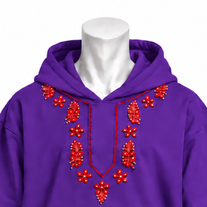 Deep Purple Indus Embroidered <b>Hoodie</b> Traditional Floral <b>Stitching</b> Kangaroo Pocket Relaxed Fit Casual Streetwear Winter Pullover - Product Image 3