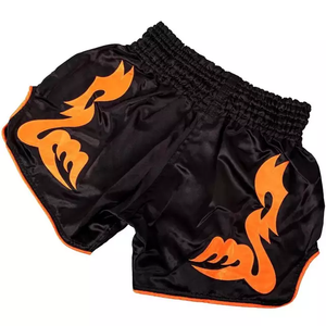 Shorts de Muay Thai pour hommes, en satin noir, motif tendance, taille mi-haute, élastique, séchage rapide, écologiques, en Spandex/Polyester - Product Image 1
