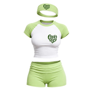 Custom Design Premium Green Colour Women 2 Piece Short Set Color Block <b>Raglan</b> Crop <b>Top</b> Foldover Waist Tracksuit Lounge Outfit - Product Image 1
