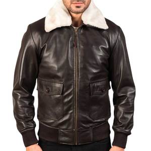 Blouson aviateur décontracté pour homme en cuir véritable marron vintage avec col en fourrure Sherpa et poignets côtelés pour l'hiver - Product Image 5