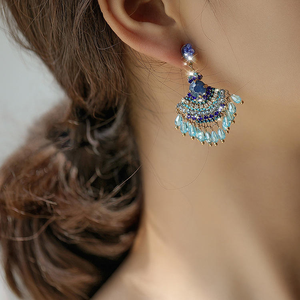 Boho Pageant Ethnic Style Retro Handmade <b>Color</b> <b>Beaded</b> Fan-Shaped Long Tassel Earrings - Product Image 6