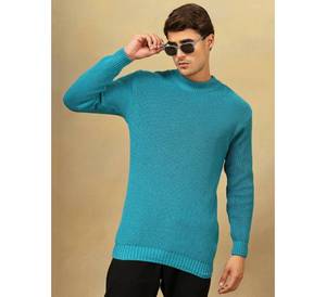 Pull en laine tricoté de couleur turquoise unie pour homme de qualité supérieure |   Pull d'hiver à col rond avec motif géométrique, séchage rapide et doux - Product Image 2