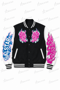 เสื้อแจ็คเก็ตเบสบอลสีดำขาวแบบกำหนดเองสำหรับผู้ชาย พร้อมลายปักกราฟิกสีชมพู, เสื้อแจ็คเก็ตบอมเบอร์สไตล์ Letterman สำหรับสตรีทแวร์ ผลิตโดยผู้ผลิตเสื้อแจ็คเก็ตบอมเบอร์ - Product Image 3