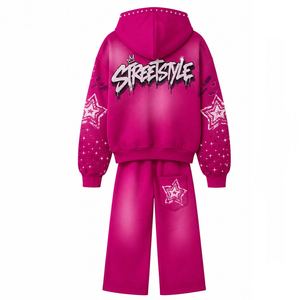 Ensemble sweat à capuche zippé et pantalon large rose à strass étoiles pour femme, style Y2K, streetwear graphique, délavé, oversize, deux pièces, tenue décontractée glamour - Product Image 2