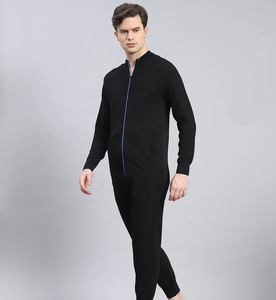 Men's Black Mock Neck <b>Knitted</b> Sweater <b>Set</b> Casual Autumn Wear 100% Cotton Breathable Solid Color Long Sleeve Pants Outfit - Product Image 3