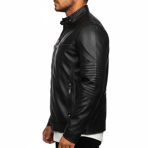Blouson de motard unisexe en cuir noir personnalisé, col mandarin, épaulettes rembourrées, style streetwear, coupe ajustée, écologique, hiver, fermeture frontale - Product Image 2