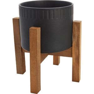 Minimalist Set 2 Metal Flower <b>Pot</b> with Wooden Stand Elliptical Pattern Glazed Finish <b>for</b> Indoor Desktop Use - Product Image 4
