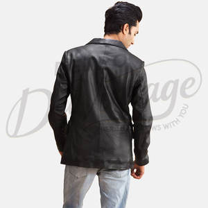 Blazer en cuir noir pour homme, coupe ajustée, en véritable peau de mouton, veste décontractée pour affaires, deux boutons, vêtement d'extérieur formel - Product Image 3