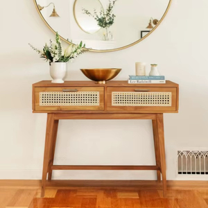Solid Teak Wood & Rattan <b>Console</b> <b>Table</b> 2 Drawers for Living Room - Product Image 1