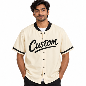 Custom Sublimated Print Cream Baseball Jersey with Black Collar and Sleeve Trim Button Front Short Sleeve Team <b>Shirt</b> Wholesale - Product Image 2