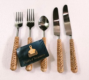 Juego de Cubiertos de Primera Calidad, Metal, Acero Inoxidable 18/8, Mangos de Ratán Tejido de Lujo, Acabado Espejo, Juego de Cubiertos Duraderos - Product Image 4