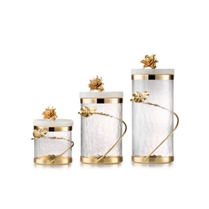 Contenants de stockage alimentaire cylindriques en verre modernes avec couvercles à fleurs dorées, boîtes hermétiques pour la cuisine, pour la préservation de la fraîcheur - Product Image 3