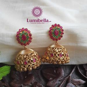 Ethnic Matte Brass Jhumka Earrings for Wedding Party Engagement Gift - Product Image 2