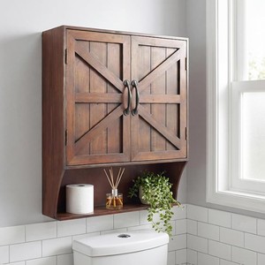 Gabinete de Baño de Madera para Montar en la Pared, Estilo Rústico, Ahorro de Espacio, Gabinete de Medicamentos de Doble Puerta con Estante Abierto para Uso en Hoteles - Product Image 1