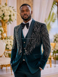 Smoking de mariage vert émeraude pour homme avec embellissements en cristal |   Costume de marié 3 pièces |   Ensemble de blazer formel de luxe sur mesure - Product Image 1