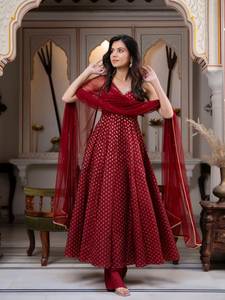 Designer Party Wear Chanderi Jacquard Butti Anarkali Set With Pant And Dupatta Crafted For Comfort And Stitched With Grace - Product Image 1
