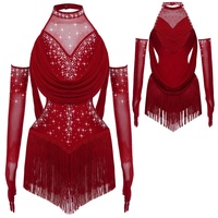 Traje de Baile Latino para Niñas de 6 a 16 Años, Leotardo con 1 Par de Guantes de Malla para Competencia de Cha-Cha Tango, Clases de Baile, Fiestas y Presentaciones