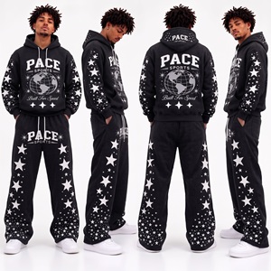 Conjunto deportivo vintage para hombre en color malva y rosa polvoriento, con estampado gráfico de estrellas, sudadera con capucha, pantalones deportivos acampanados, forro polar grueso, ideal para el invierno. - Product Image 4