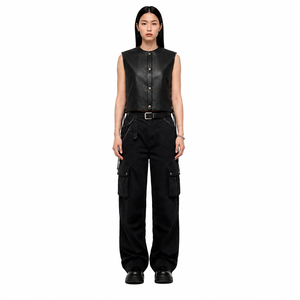 Chaleco de Cuero Genuino de Búfalo de 1.3mm para Mujer, Estilo Cuadrado, Regular, Moto, Biker, Streetwear, Modular - Product Image 1