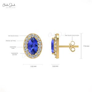 Prix d'usine Boucles d'oreilles clous ovales 5x3mm en tanzanite avec halo en or massif 14 carats et diamants, fermeture à bouton-poussoir, fournisseur en gros - Product Image 4