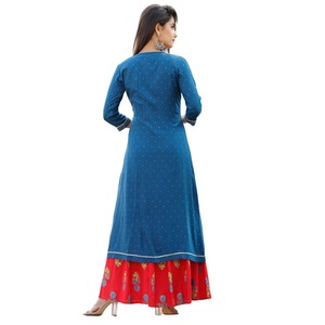 Trendy Women Blue Angrakha <b>Style</b> Layered Maxi <b>Dress</b> with Red Floral Print Long Flared Anarkali Kurti Ethnic Indo <b>Western</b> Wear - Product Image 3