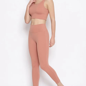Women Yoga Set Seamless <b>Crop</b> <b>Top</b> High Waist Full Length Leggings Solid Color Racerback Sleeveless Sportswear 2 Piece Set - Product Image 1