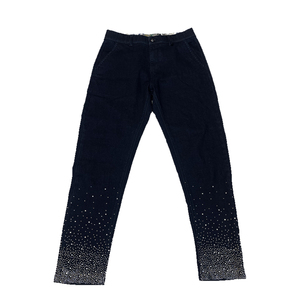 Vaqueros de mezclilla personalizados con pedrería para mujer, de pierna ancha, desgastados, con brillo de cristal, estilo urbano, de cintura alta, de diseñador, OEM - Product Image 1