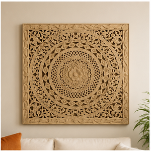 Décoration murale carrée en bois de manguier, mandala floral, style bohème, sculpture suspendue faite à la main - Product Image 4