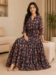 Robe longue maxi pour femme à imprimé floral, col en V, en mousseline de soie à volants, style bohème, pour l'été, la plage, les vacances, avec ceinture - Product Image 6
