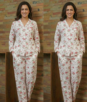 Ensemble de pyjama pour femme en coton tissé thermique imprimé à la main, respirant, doux, à séchage rapide, réversible, col en V, manches longues, traditionnel