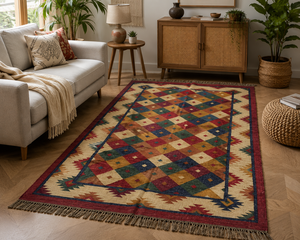 Handmade Flat Weave Kilim Rug Wool Cotton Area Rug Geometric Tribal Carpet Boho Living Room Bedroom Floor Rug - Product Image 1
