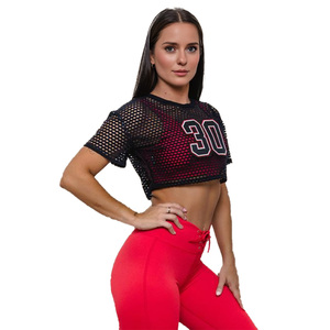 Camiseta Corta de Yoga y Fitness para Mujer, con Malla, Estilo Moderno, Apliques Bordados, Transpirable, Talla Grande - Product Image 2