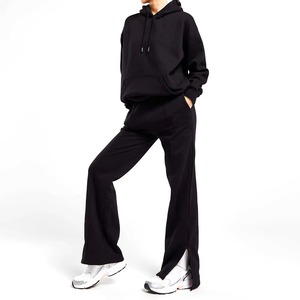 Conjunto Deportivo con Capucha para Mujer, Color Negro, Corte Holgado Informal, 100% Algodón, Color Sólido, para Otoño - Product Image 1