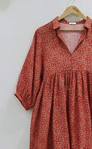 ชุดเดรสผ้าฝ้ายอินเดียทำมือ 100% สำหรับผู้หญิง |   ชุดทำงานเรียบง่ายเป็นทางการ เป็นมิตรกับสิ่งแวดล้อม ระบายอากาศได้ดี ทรงเอไลน์ ลายดอกไม้วาดด้วยมือ - Product Image 5