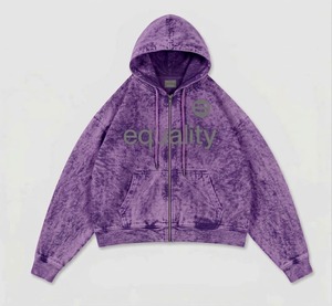 Sweat à capuche zippé vintage personnalisé délavé à l'acide, en molleton épais, avec logo imprimé 'Equality', coupe oversize, style streetwear, vente en gros, unisexe - Product Image 4