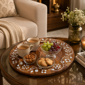 Plateau de service en bois fait main de qualité supérieure avec incrustations en os |   Plateau rond décoratif à motif floral pour table à manger, décoration de la maison et cadeaux - Product Image 4