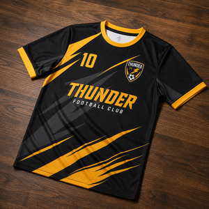 Maillot de football pour jeunes du club Thunder, noir et jaune, sublimé, manches courtes, col rond, respirant, en polyester, tenue d'équipe - Product Image 3