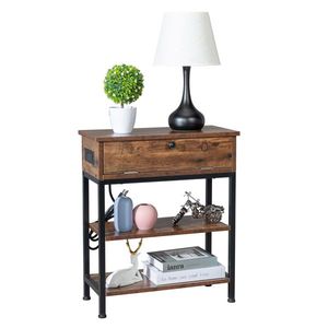 Comodino FCH a 2 strati con telaio, in truciolato colore venatura legno antico con anta laterale in tubo di ferro nero Triamine - Product Image 4