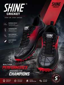 Zapatos de Cricket SHINE CRICKET para Hombre, Malla Sintética, Suela de Goma, Entresuela de EVA, Negro y Rojo, Ligeros, para Primavera, Deportivos - Product Image 1