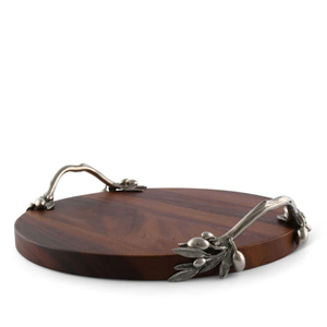Plateau de service rond élégant en bois avec poignées argentées design, parfait pour la présentation de collations, desserts et aliments, plateau de service pour en-cas - Product Image 1