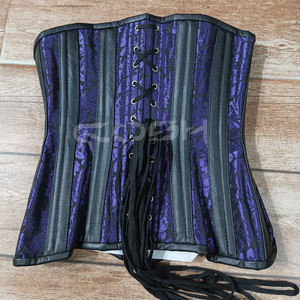 Corsé de cintura de brocado morado con varillas de acero de alta resistencia, ribete de cuero negro y varillaje. - Product Image 6