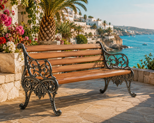 Mediterranean Style Wood Patio Bench With Cast Iron Frame Antique Outdoor Furniture For 2 Seater Garden Decor - Product Image 1