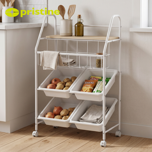 4 Tier <b>Rolling</b> Storage Cart with 4 White Bins Metal Frame Multilayer Organizer for Food and Kitchen Use - Product Image 4