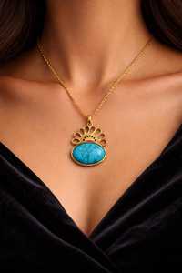 Grand collier ovale en filigrane turquoise, argent 925 plaqué or, bijoux de fiançailles vintage, NIKHIL GEMS, certifié par un tiers, OEM - Product Image 3