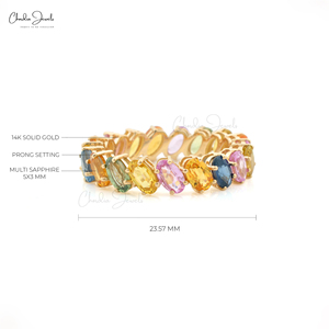 Anillo de Boda de Oro Fino de 14K con Múltiples Zafiros, Anillo de Eternidad Completo con Gema Ovalada de 6x4mm, Anillo para Mujer, Piedra de Nacimiento de Septiembre, Joyería Fina Clásica - Product Image 3